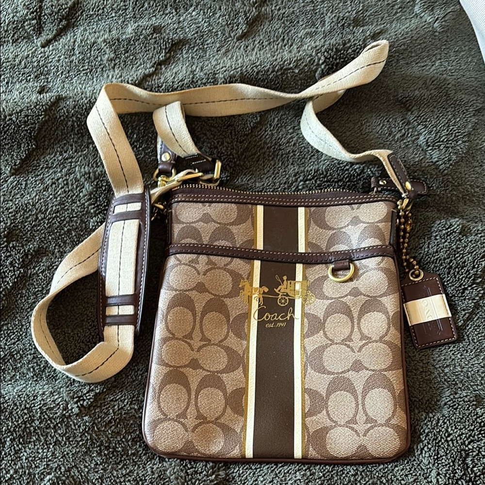 Coach Brown and Cream Crossbody Bag with Signature Pattern